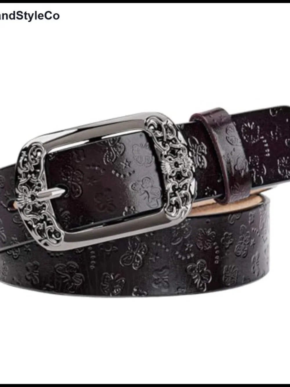 Women's Leather Belt Pin Buckle Vintage Butterfly Embossed Adjustable